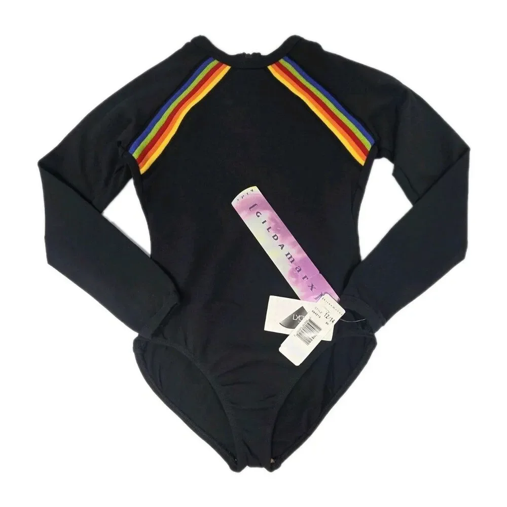 Gilda Marx VTG 80s Cotton Rainbow Stripe LS Leotard Child 12/14 Black NWT